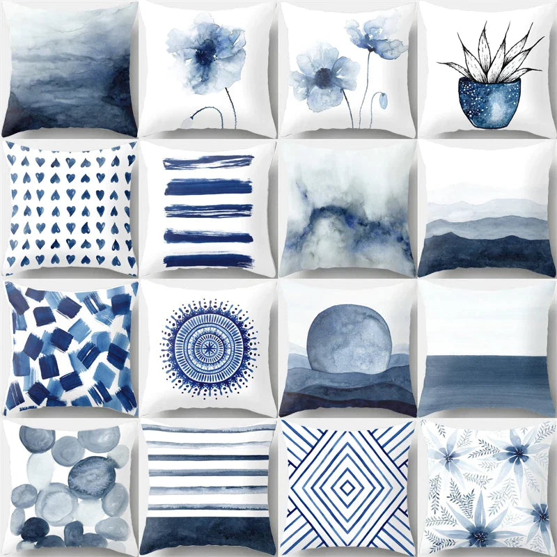 Afralia™ Blue Ink Flower Cushion Cover Set - Nordic Style Sofa Pillowcase Trio for Home Decoration