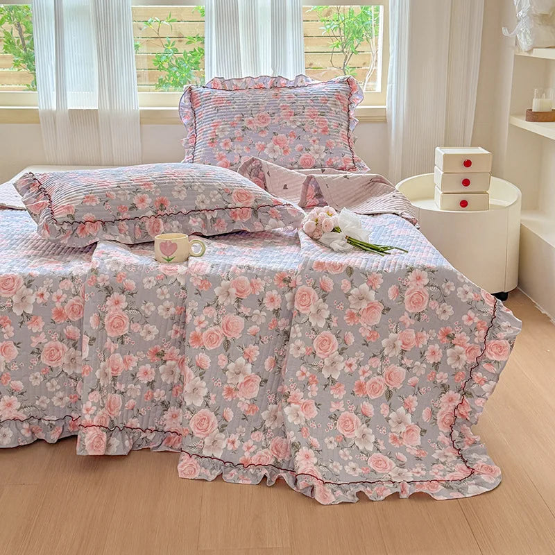 Afralia™ Princess Quilted Bed Cover: Korean Washed Cotton, Single, Lace Detail, Skin-Friendly Fabrics