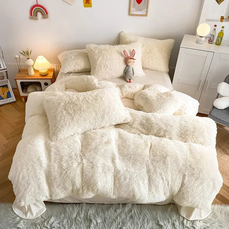 Afralia™ Fluffy Faux Fur Bedding Set: Duvet Cover, Sheet, Pillowcase - Soft & Warm