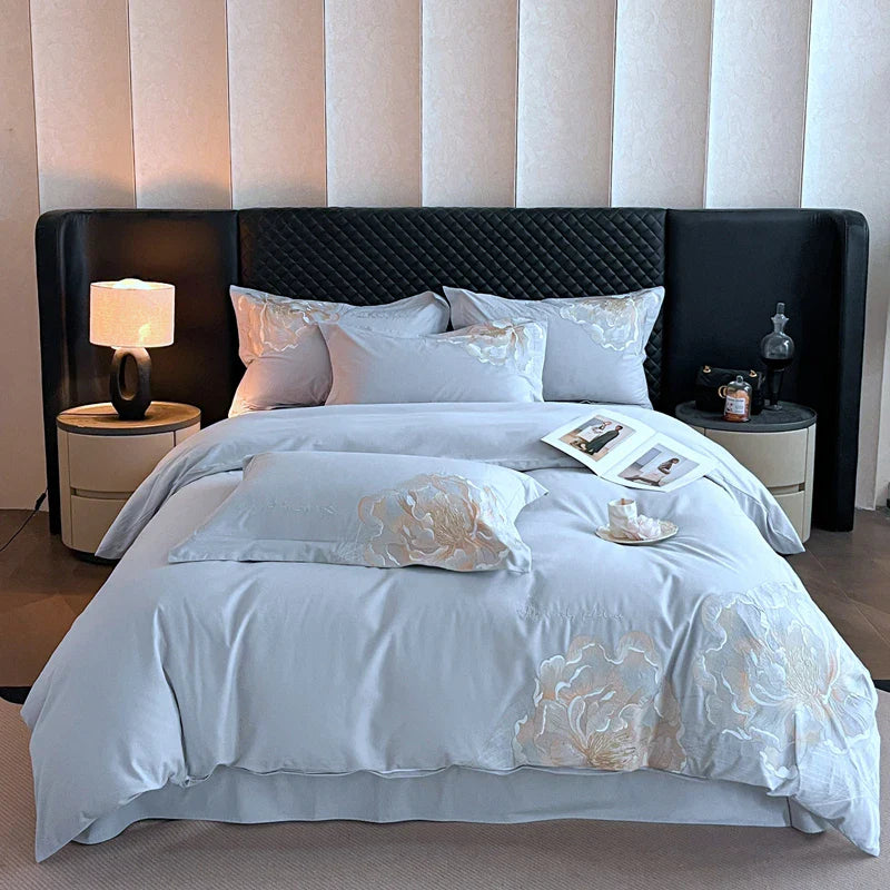 Afralia™ Embroidery Bedding Set King Queen Ru Size Bed Linens Sheet Pillowcase Cover