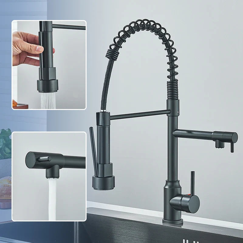 Afralia™ Black Kitchen Faucet Spring Pull Down Sprayer Dual Spout Nozzle Mixer Tap