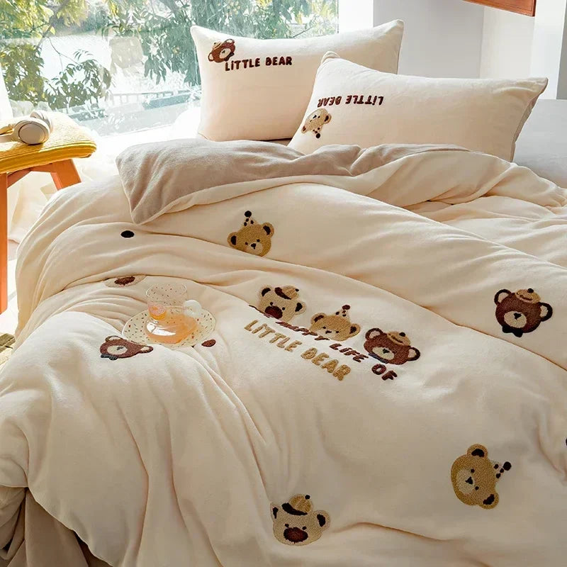 Afralia™ Embroidered Fleece Winter Bedding Set: Duvet Cover, Sheet, Quilt, Pillowcases