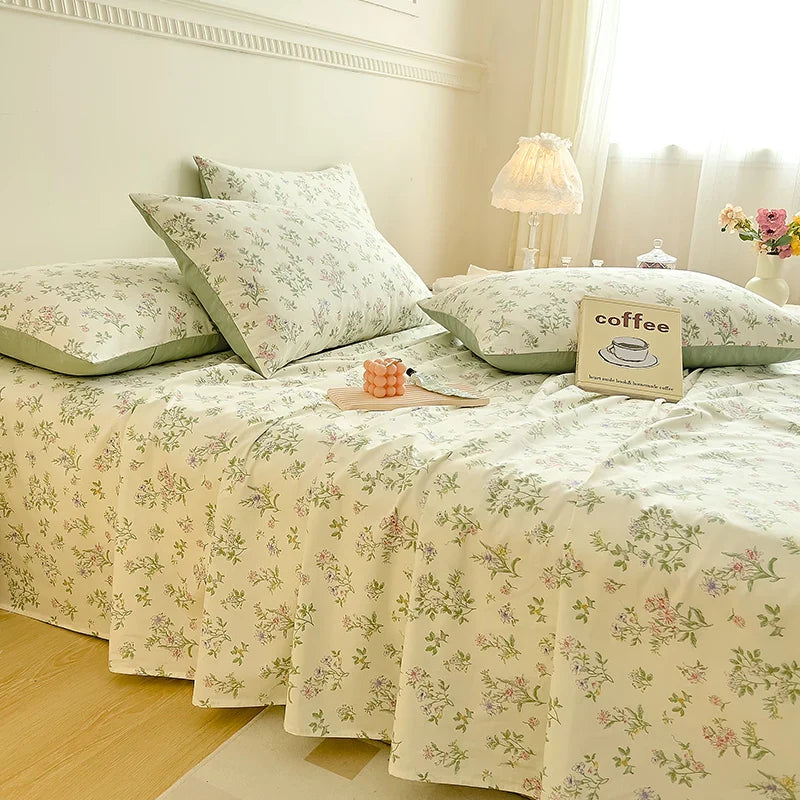 Afralia™ Vintage Plant Floral Cotton Flat Sheet Set with Pillowcases
