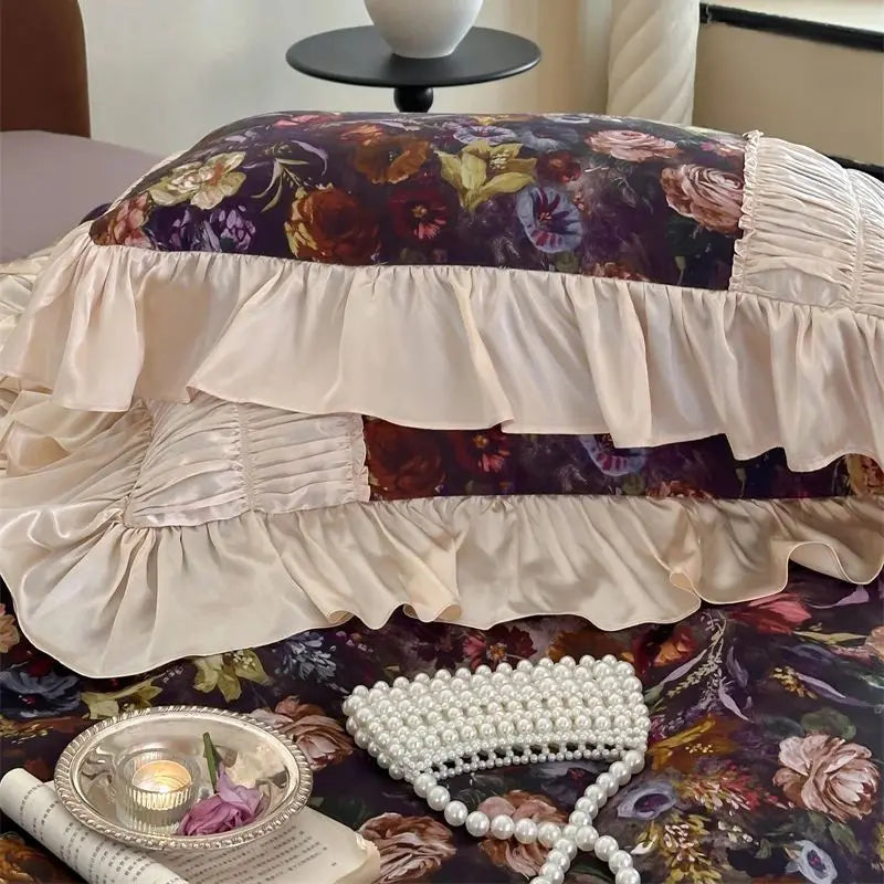Afralia™ Vintage French Flowers Lace Ruffles Egyptian Cotton Bedding Set