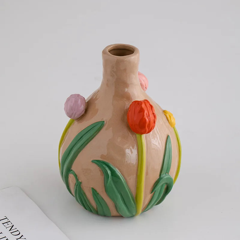 Afralia™ Ceramic Tulip Vase: Handmade Vintage 3D Flower Arrangement Home Decor