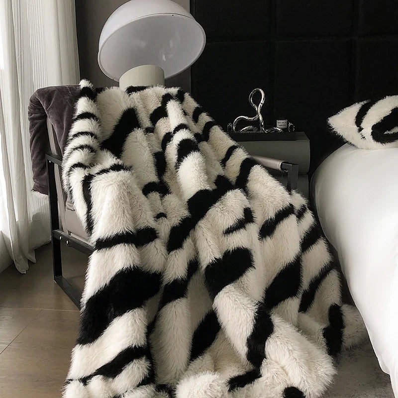 Afralia™ Zebra Print Faux Fur Blanket - Luxurious Bed Linen, Fox Fur Throw, Sofa Plaid