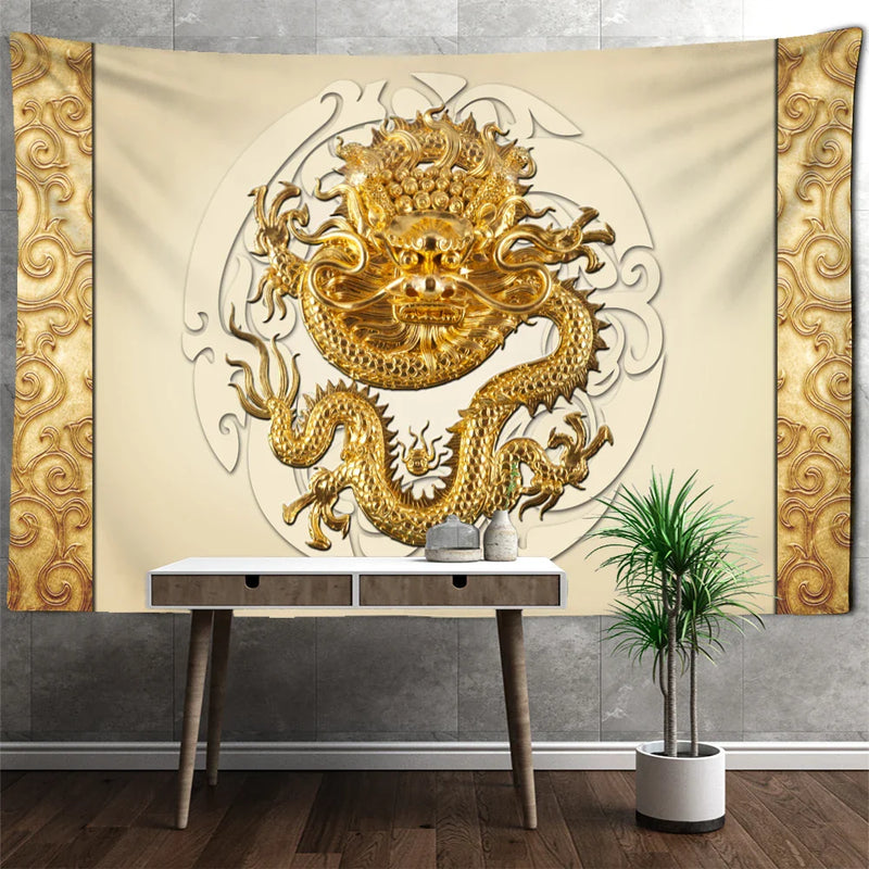 Afralia™ Golden Dragon Totem Carving Tapestry: Mysterious Psychedelic Wall Hanging