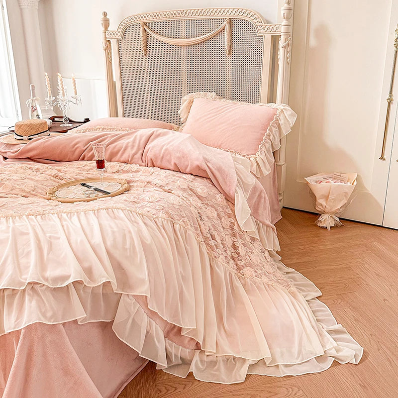 Afralia™ Pink Rose Lace Ruffles Bedding Set: Velvet Fleece, Duvet Cover, Sheet, Pillowcase
