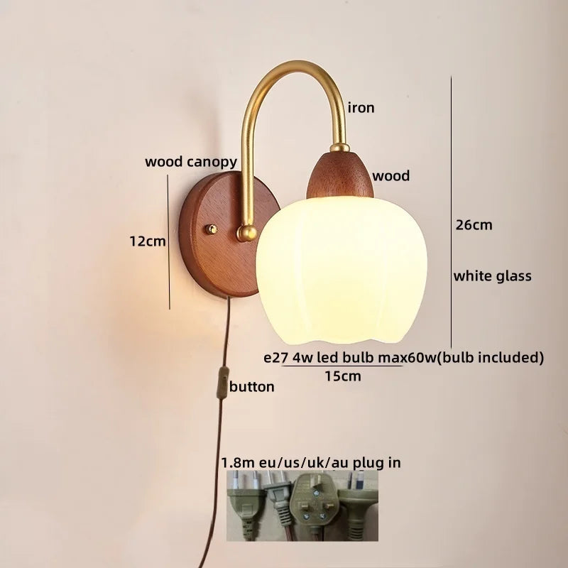 Afralia™ Wood Glass LED Wall Light Modern Bedside Lamp for Living Room & Bedroom