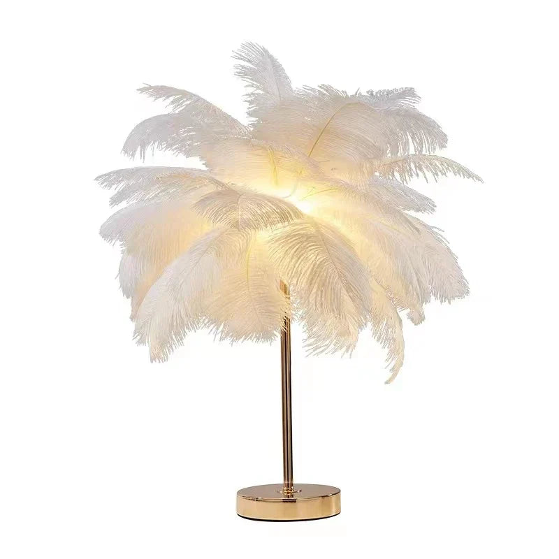 Afralia™ Nordic Feather Tree Lamp: Pink White Ostrich Feather Bedside Table Lamps