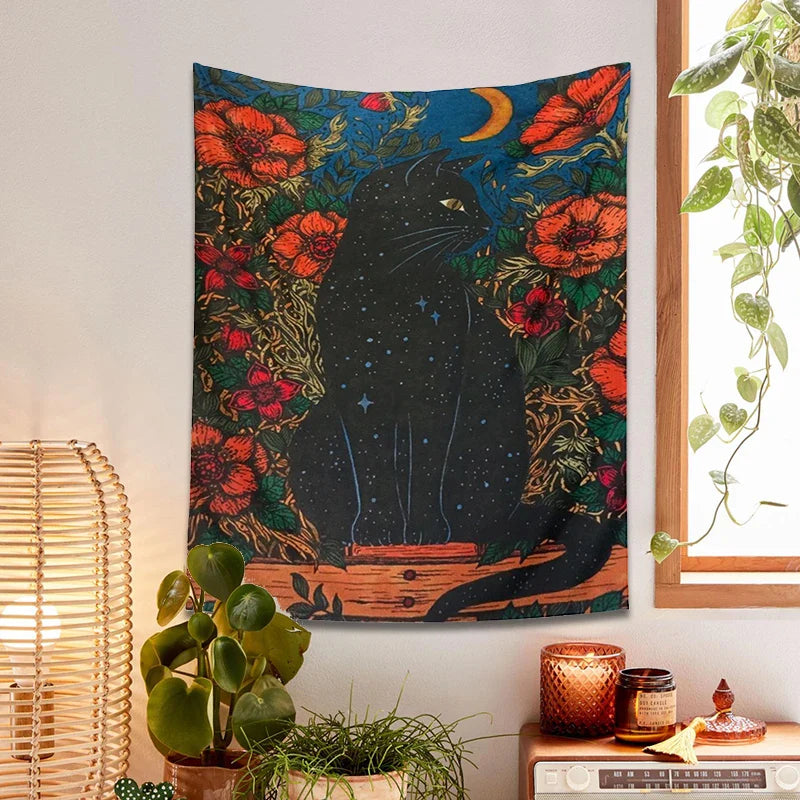 Black Cat Moon Tapestry Wall Hanging for Cute Aesthetics Home Decor by Afralia™