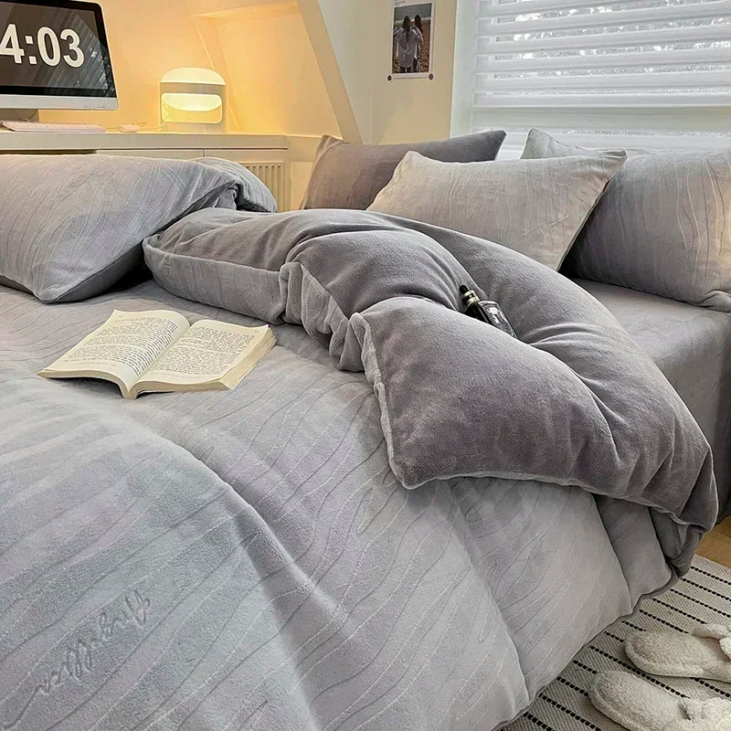 Afralia™ High-Density Milk Fleece Duvet Set with Winter Warmth King Bedding & Plush Blanket Cover