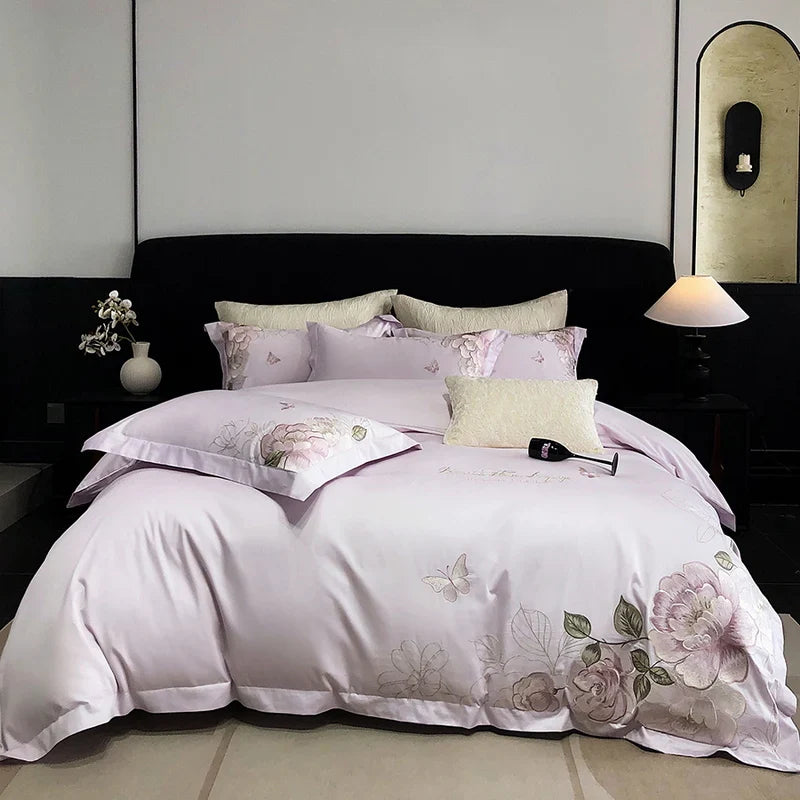 Afralia™ Butterfly Flowers Embroidery 600TC Egyptian Cotton Bedding Set: Duvet Cover, Bed Sheet, Pillowcases