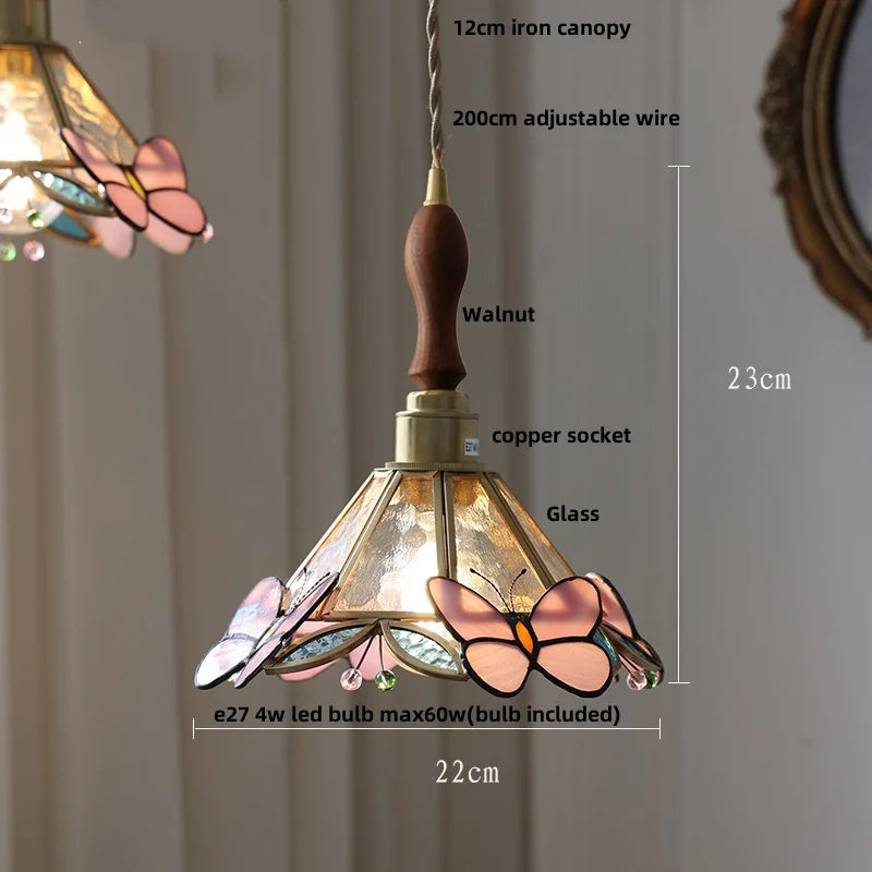 Afralia™ Butterfly Pink LED Pendant Lamp Walnut Wood Glass Nordic Modern Home Decor