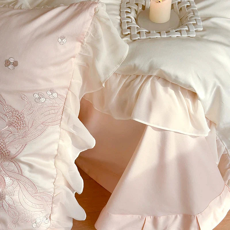 Afralia™ French Romantic Lace Ruffles Flowers Embroidery Bedding Set in Pink & Blue Cotton