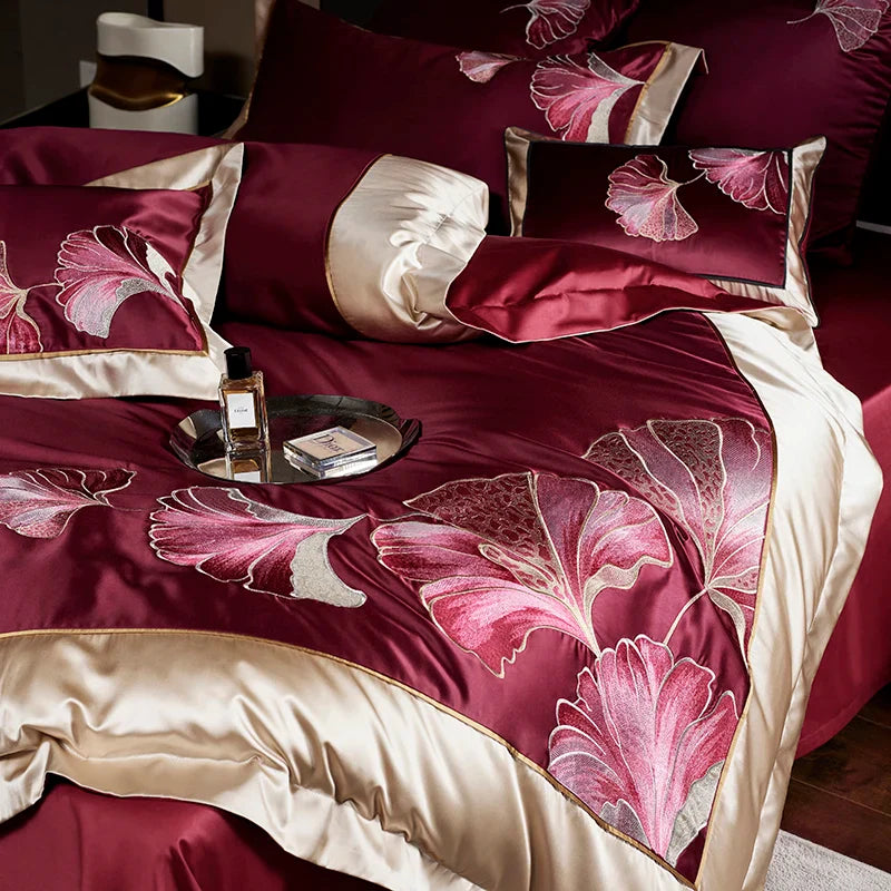 Afralia™ Ginkgo Biloba Embroidery 1000TC Egyptian Cotton Bedding Set