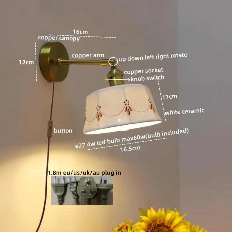 Afralia™ Ceramic Hand-painted LED Wall Light, Pull Chain Switch, Modern Bedside Lamp