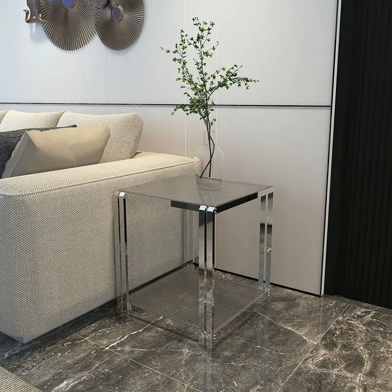 Afralia™ Stainless Steel Glass Coffee Table Sofa Side Light Luxury Modern Bedside Cabinet Small Coffee Table