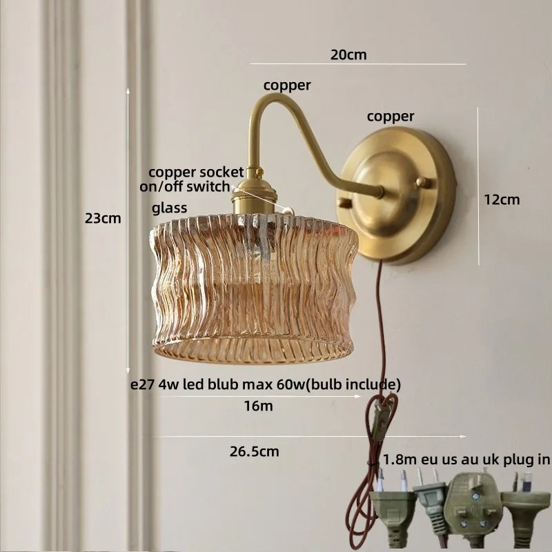 Afralia™ Green Glass LED Wall Light with Copper Knob Switch for Modern Home Décor