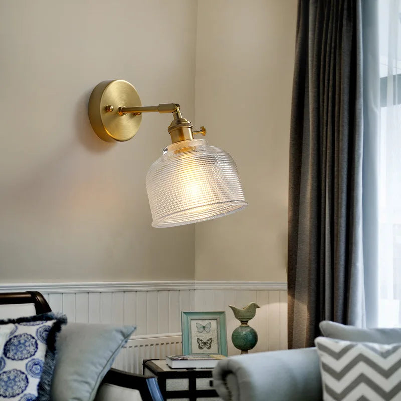 Afralia™ Clear Brass Glass LED Wall Lamp Pull Chain for Living Room Bedroom Loft