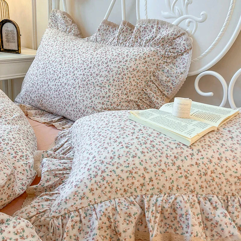 Afralia™ Double Layer Lace Ruffles Floral Bedding Set with Duvet Cover, Bed Skirt, Pillows
