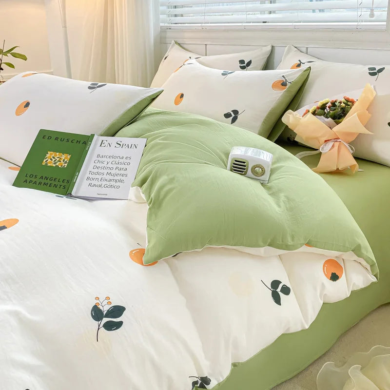 Afralia™ Cartoon Heart Floral Print Duvet Set with Bed Sheet & Pillowcases