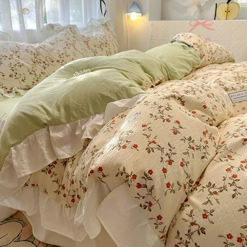 Afralia™ French Washed Cotton Princess Flower Quilt Cover Set - Spring Floral Bedding