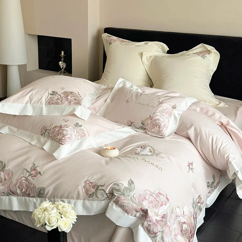 Afralia™ 4-Piece Pink Purple Flowers Embroidery Bedding Set in 1000TC Egyptian Cotton