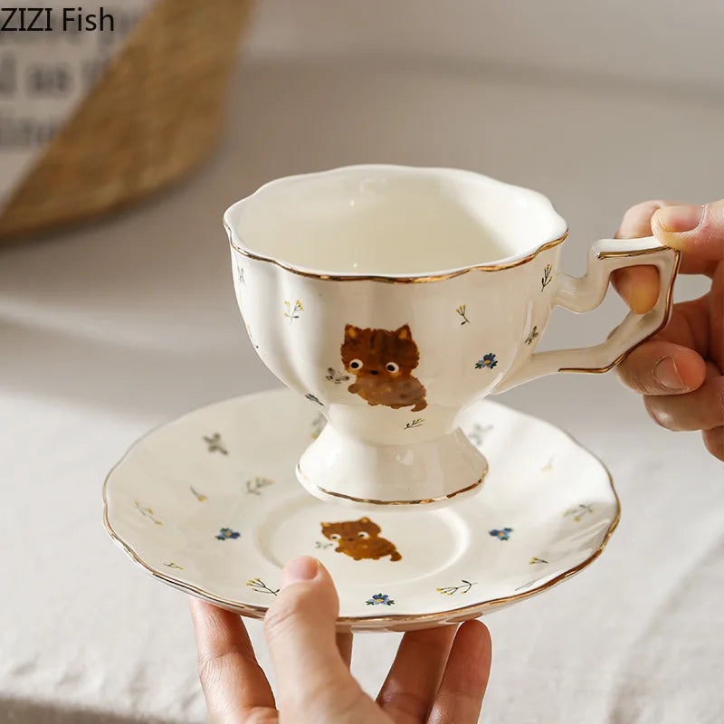 Afralia™ Cartoon Kitten Pattern Porcelain Coffee Mug Set Ayshacollection