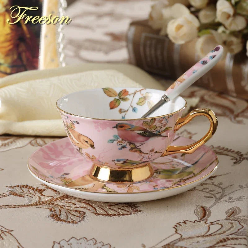 Afralia™ Porcelain Tea Cup Saucer Spoon Set | Elegant Bird Design Coffee 200ml Mug Tray