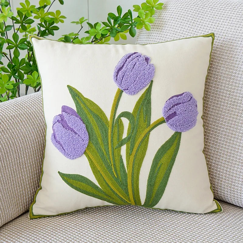 Afralia™ Tulip Embroidered Pillowcase Green Crochet Tassel Cushion Cover 45*45cm