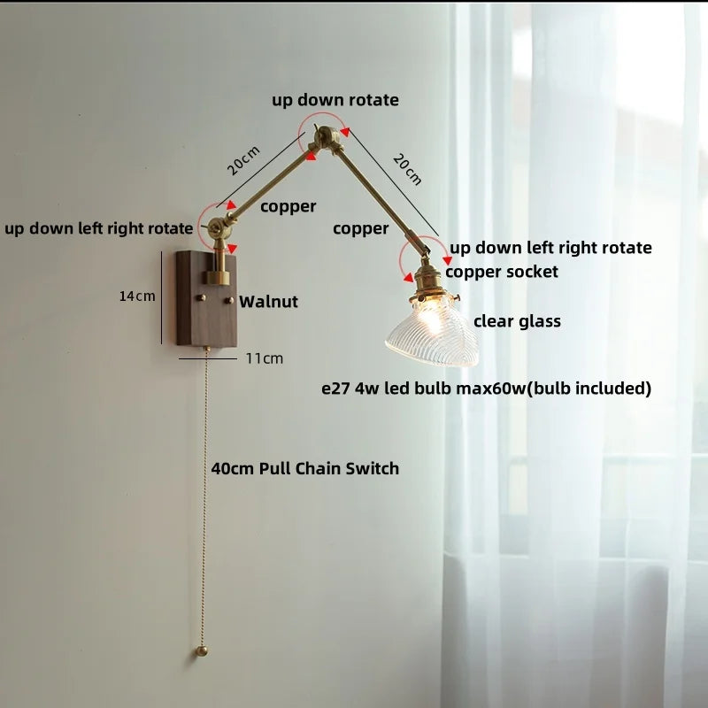 Afralia™ Nordic Green LED Wall Sconce with Swing Arm, Wood Base and Pull Chain Switch