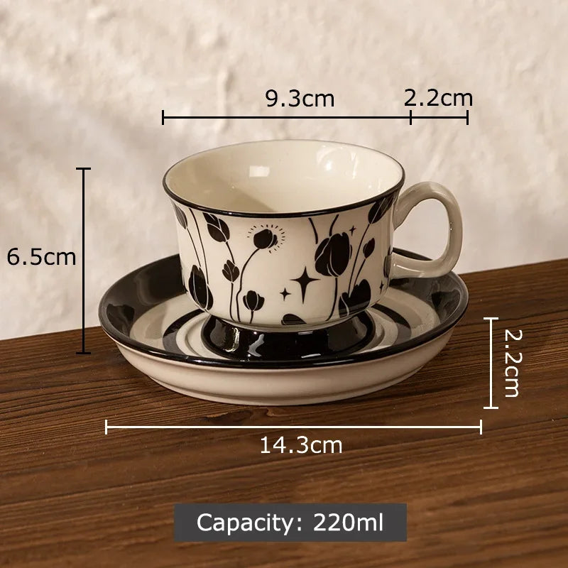 Afralia™ Ink Flowers Ceramic Cup & Saucer Set - Gold-plated Coffee Mug for Dining Table