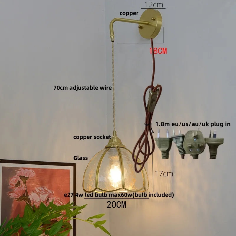 Afralia™ Glass Brass LED Wall Sconce Pull Chain Switch Vintage Vanity Light