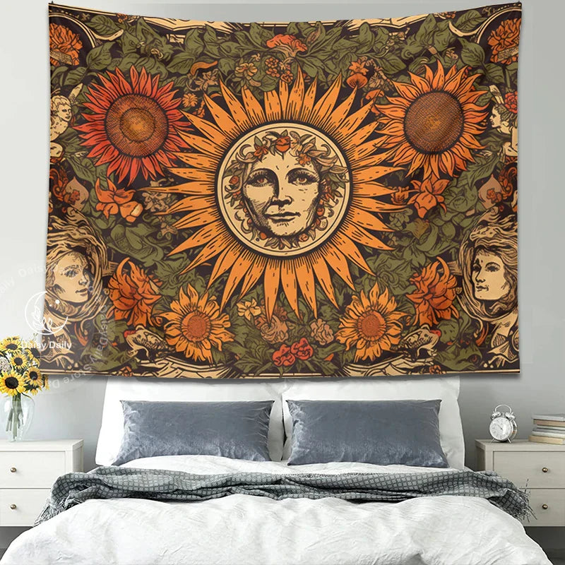 Sunflower Tapestry Wall Hanging Retro Bohemian Floral Decor Cloth by Afralia™