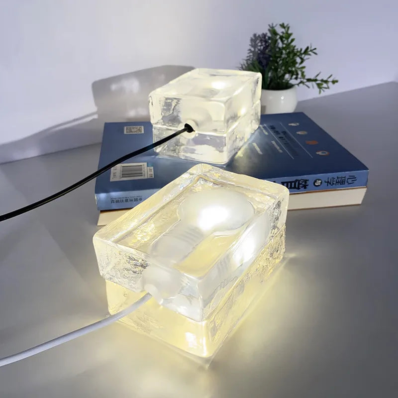 Afralia™ Clear Ice Cube LED Table Lamp for Modern Bedroom Decor