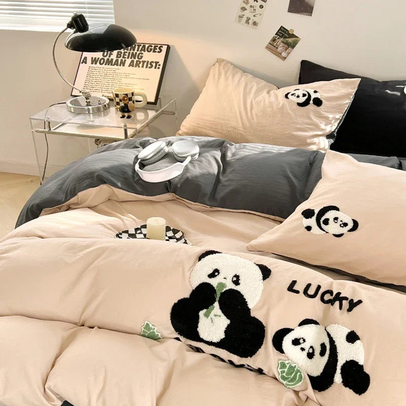 Afralia™ Panda Embroidery Washed Cotton Comforter Set with Fitted Sheet