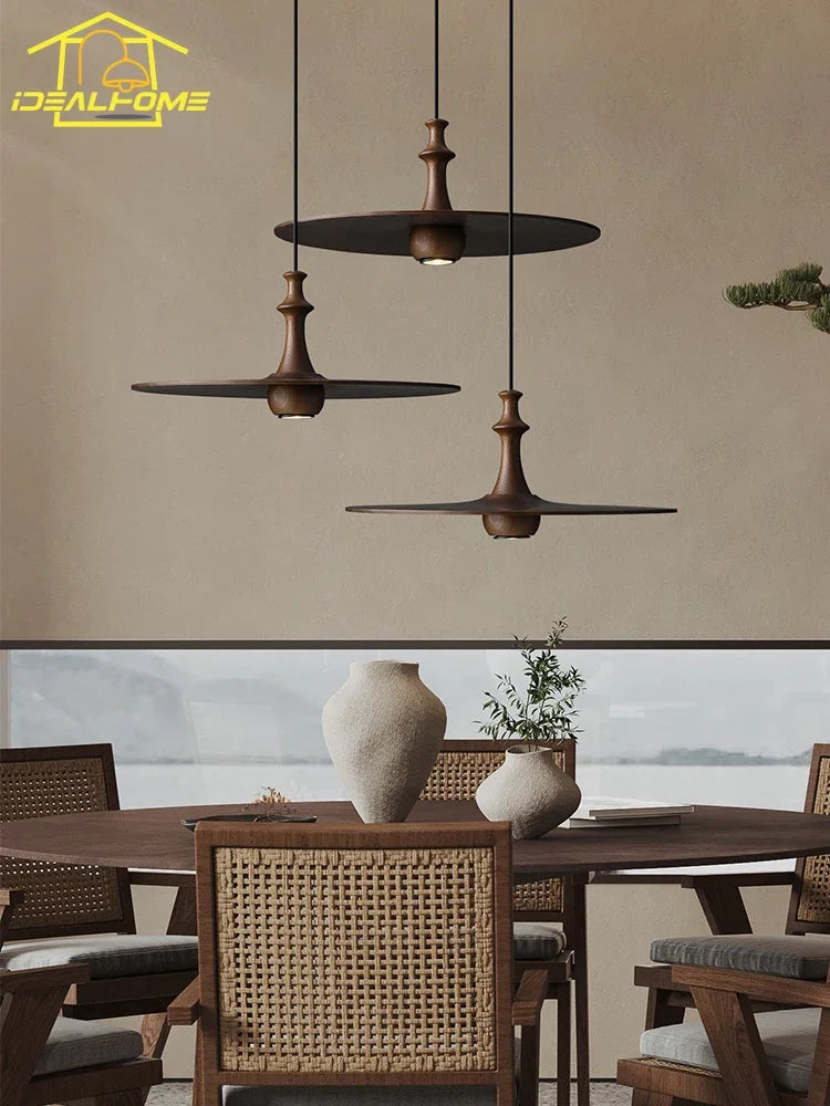 Afralia™ Black Solid Wood Saucer Pendant Lights, LED GU10, Minimalist Design