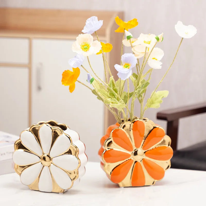 Afralia™ Flower Shape Ceramic Vase - Golden Bottle Terrarium Home Decoration