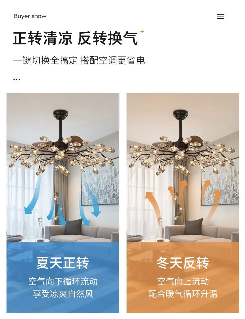 Afralia™ Firefly Tree Luxury Modern Ceiling Fan Chandelier Light - Home Living Room Bedroom