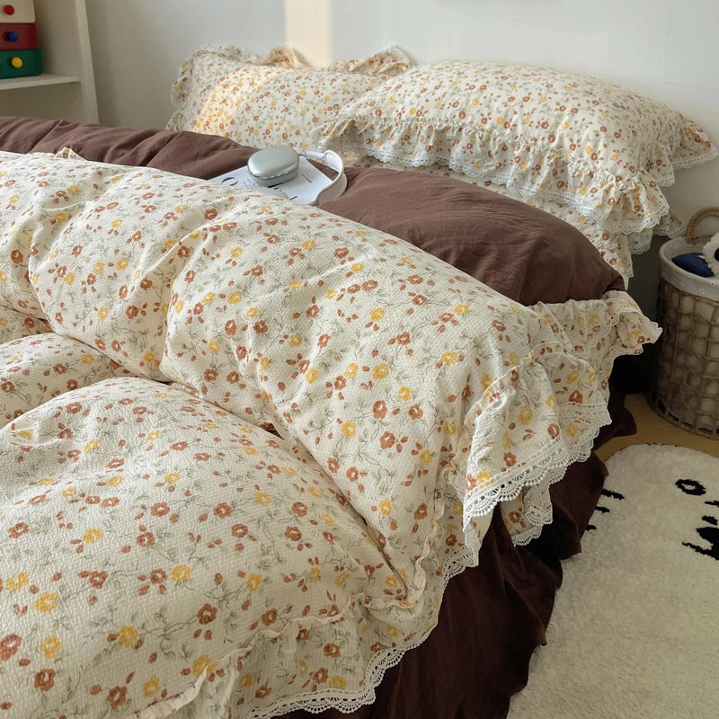 Afralia™ Korean Lace Ruffles Bedding Set with Bed Skirt, Soft Skin-Friendly Material