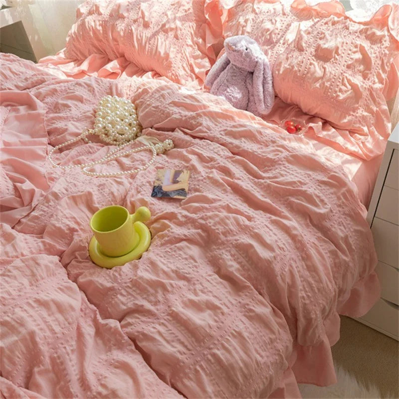 Afralia™ Princess Seersucker Kawaii Bedding Set | Lovely Ruffles Duvet Cover | Soft Comfortable Bed Sets