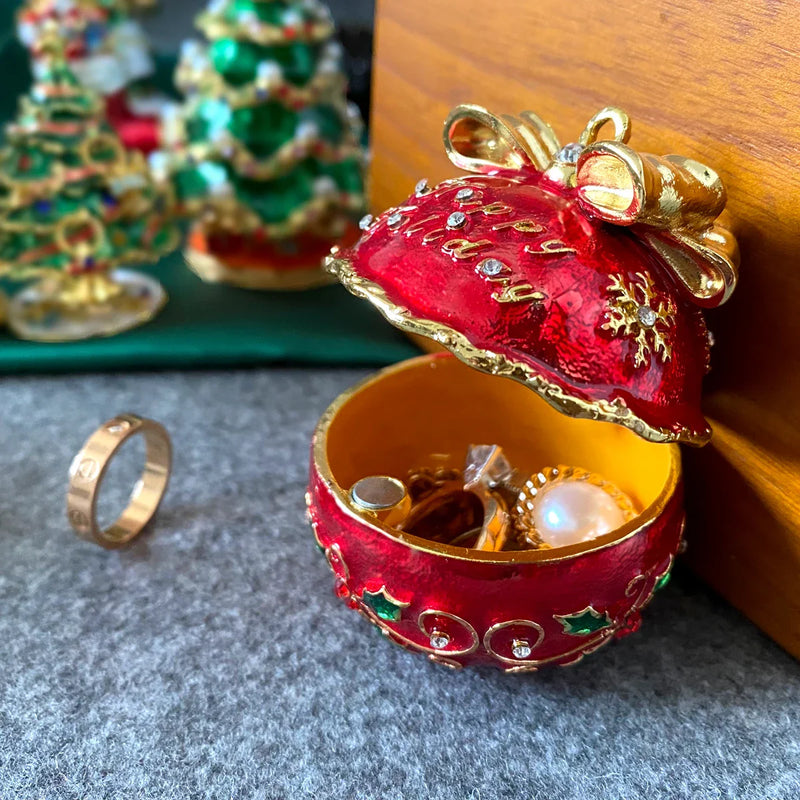 Afralia™ Jingle Bell Trinket Box With Crystals, Hand-painted, Christmas Tree Decor