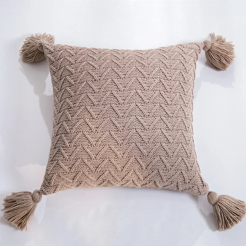 Afralia™ Soft Knit Tassel Pillow Cover 45x45cm Solid Square Pink Grey Cream