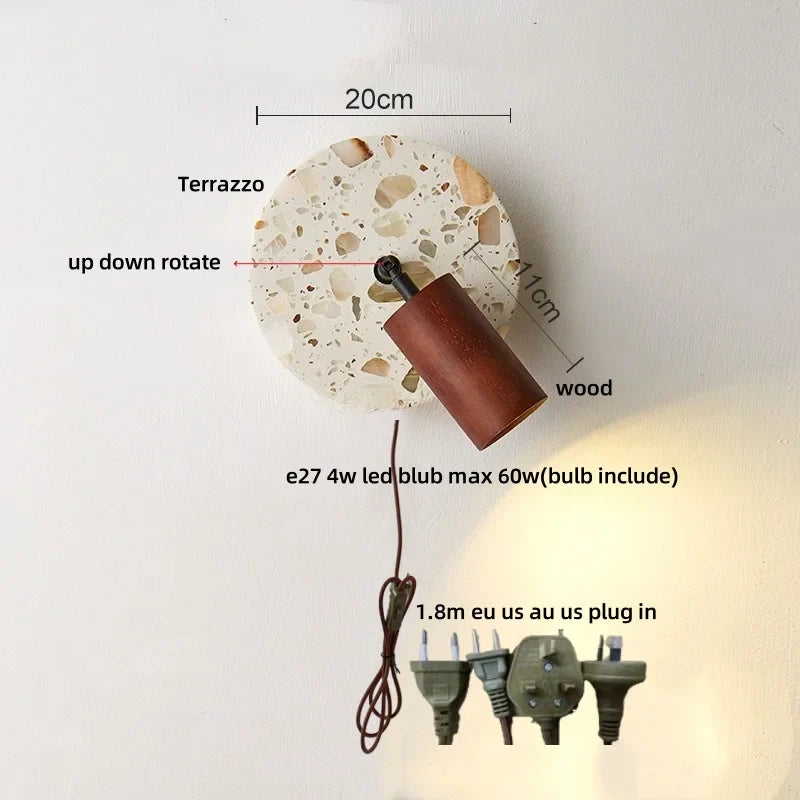 Afralia™ Terrazzo LED Wall Lights Iron Rotate Pull Chain Switch Wood Bedside Lamp