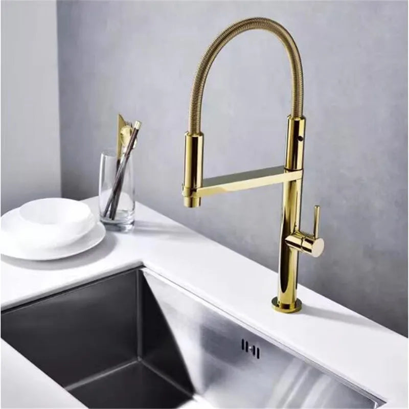 Afralia™ Gold Brass Kitchen Faucet with Foldable Pull Down Spring Spout Mixer Tap