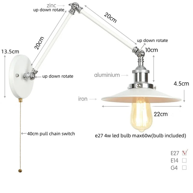Afralia™ Vintage Industrial Long Arm Adjustable LED Wall Sconce Pull Chain Switch Bedside Lamp