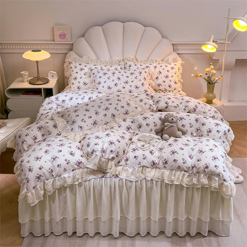 Afralia™ Princess Lace Ruffles Floral Bedding Set with Duvet Cover and Bed Skirt