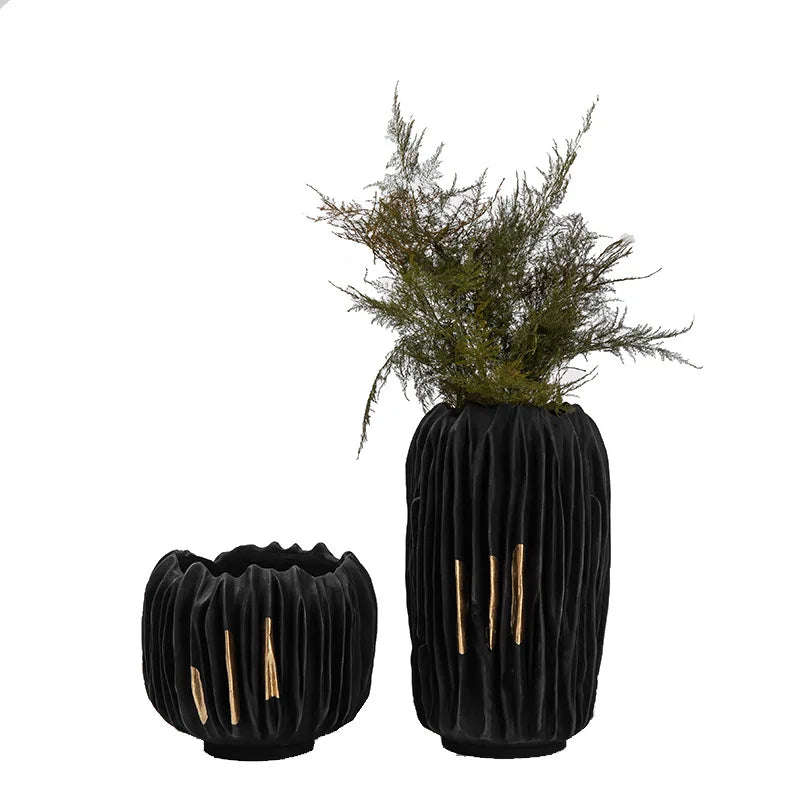 Afralia™ Black Gold Crease Texture Resin Vase - Abstract Home Decor Ornament