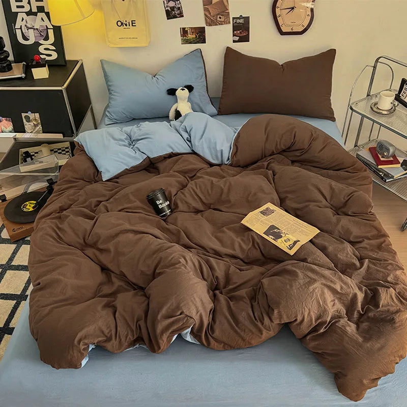 Afralia™ Two-Tone Washed Cotton Bedding Set Soft Duvet Cover for Student Dorm Home